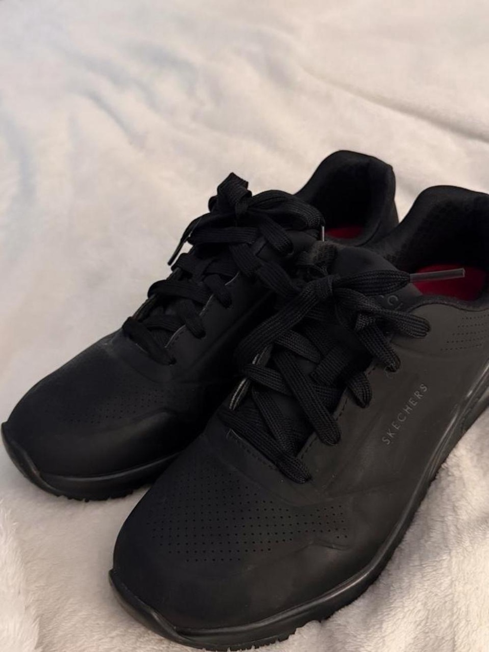 Skechers Women's Black Athletic Lace-Up Sneakers with Subtle Red Lining